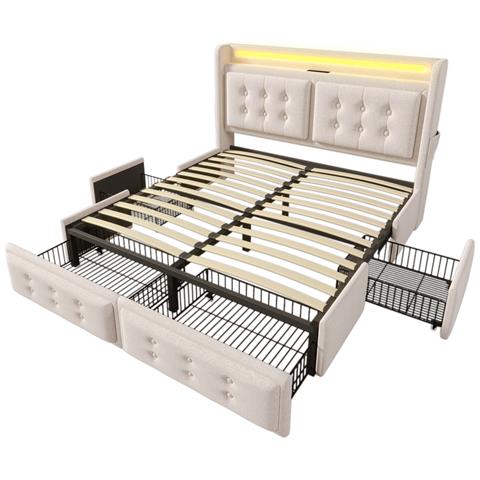 Letto Imbottito Con Design Elegante E Testiera Decorata In Cotone-lino Beige - Foto 2