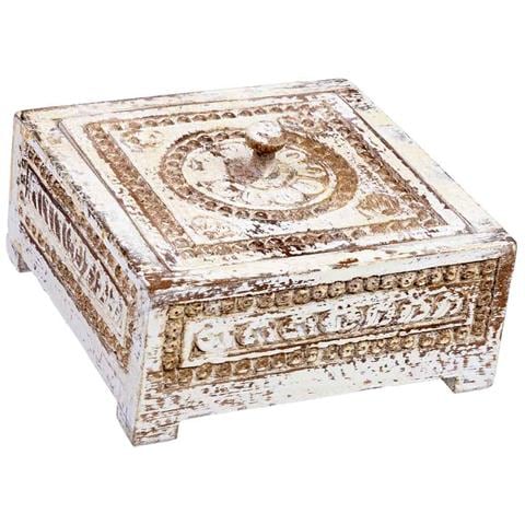 Scatola In Legno Intagliata Con Finitura Bianco Anticato 19x19x10h Cm - Foto 1