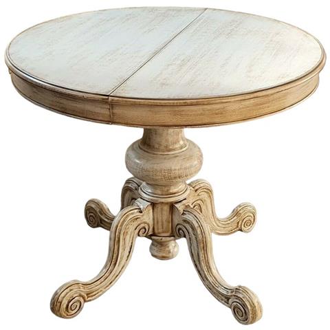 Tavolo Rotondo Allungabile Intagliato Legno Shabby Bianco Anticato 120x120x80 - Foto 1