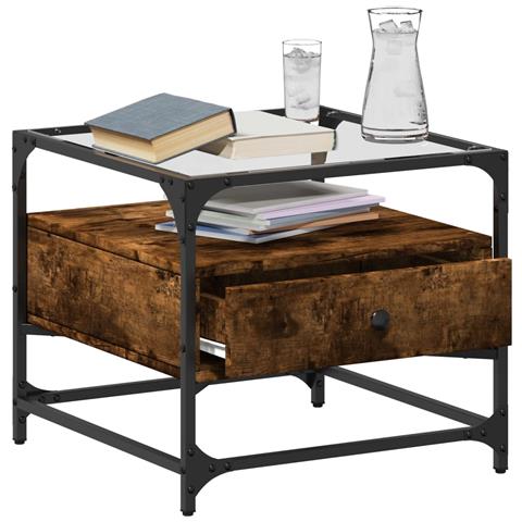 Tavolino Con Piano In Vetro Rovere Fumo 50x50x45 Cm Acciaio - Foto 3