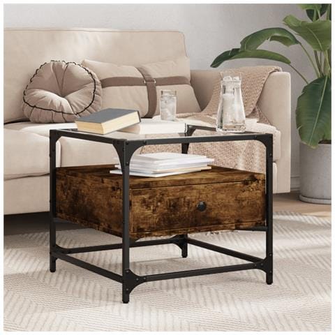 Tavolino Con Piano In Vetro Rovere Fumo 50x50x45 Cm Acciaio - Foto 1