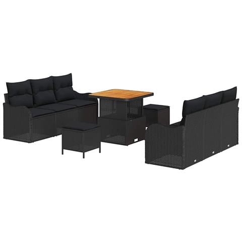 Set di Divani da Giardino  da 9 pezzi con Cuscini Nero Polyrattan Acacia, Divano da Giardino  da 2 posti con Cuscini Nero Polyrattan, Set da Pranzo da Giardino  da 3 pezzi con Cuscini Nero Polyrattan Acacia - Foto 1
