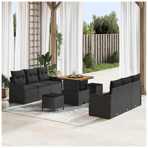 Set di Divani da Giardino  da 9 pezzi con Cuscini Nero Polyrattan Acacia, Divano da Giardino  da 2 posti con Cuscini Nero Polyrattan, Set da Pranzo da Giardino  da 3 pezzi con Cuscini Nero Polyrattan Acacia - Foto 2