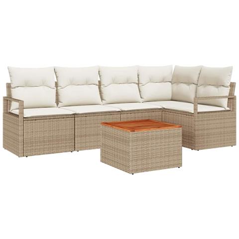Set Divano da Giardino  da 6 Pezzi con Cuscini Beige in Rattan Polimerico Acacia, Divano da Giardino  per 2 Persone con Cuscini Beige in Rattan Polimerico - Foto 1
