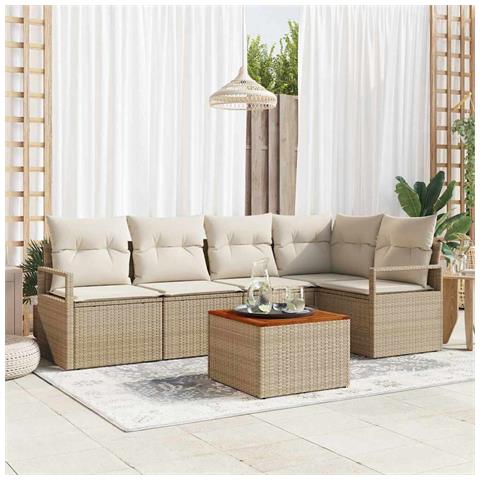 Set Divano da Giardino  da 6 Pezzi con Cuscini Beige in Rattan Polimerico Acacia, Divano da Giardino  per 2 Persone con Cuscini Beige in Rattan Polimerico - Foto 2