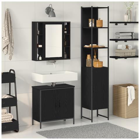 Armadio Lavabo  Rovere Nero 60x30x60 cm Legno Ingegnerizzato, Armadio Bagno  Rovere Nero 33x33x185.5 cm Legno Ingegnerizzato - Foto 2