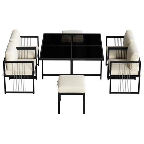 Set Di 7 Tavoli Da Pranzo E Sedie, Per 6 Persone, Tavolo In Vetro Temperato, Per Mangiare In Cortile, Sulla Terrazza Del Giardino - Foto 2