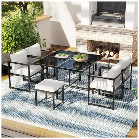 Set Di 7 Tavoli Da Pranzo E Sedie, Per 6 Persone, Tavolo In Vetro Temperato, Per Mangiare In Cortile, Sulla Terrazza Del Giardino - Foto 1