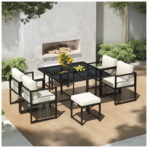 Set Di 7 Tavoli Da Pranzo E Sedie, Per 6 Persone, Tavolo In Vetro Temperato, Per Mangiare In Cortile, Sulla Terrazza Del Giardino - Foto 4