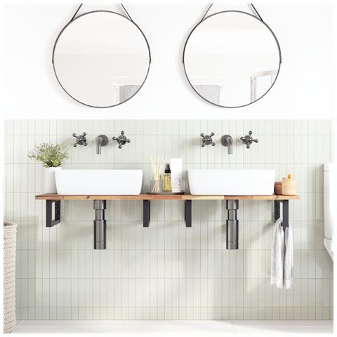 Ripiano A Parete Per Lavabo In Acciaio E Massello Di Acacia - Foto 2