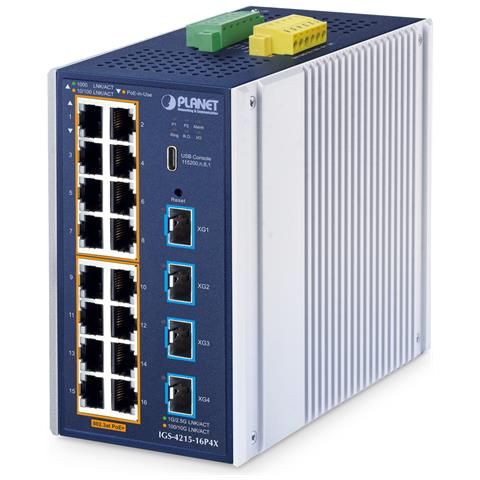 ndustrial L2+ 16-Port 10/100/1000T 802.3at PoE + 4-Port 10G SFP+ Managed Ethernet Switch Gestito L2+ Gigabit Ethernet (10/100/1000) Supporto Power over Ethernet (PoE) Alluminio, Blu - Foto 1