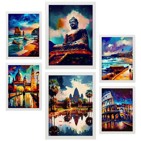 Set Di 6 Stampe Illustrazioni Di Monumenti E Città In Stile Pittura A Olio Con Umidità In Stile Fotografico A Colori A3 & A4 Cornice Bianca - Foto 1