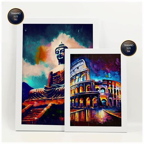 Set Di 6 Stampe Illustrazioni Di Monumenti E Città In Stile Pittura A Olio Con Umidità In Stile Fotografico A Colori A3 & A4 Cornice Bianca - Foto 2