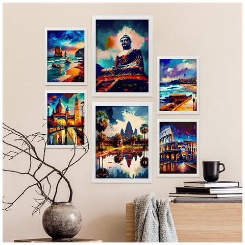 Set Di 6 Stampe Illustrazioni Di Monumenti E Città In Stile Pittura A Olio Con Umidità In Stile Fotografico A Colori A3 & A4 Cornice Bianca - Foto 5