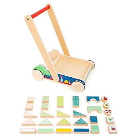 Carrello Cubetti Da Costruzione Move It, In Legno, Con 27 Blocchi Stampati, Per Muovere I Primi Passi Giocattoli, Multicolore, 11435 - Foto 2