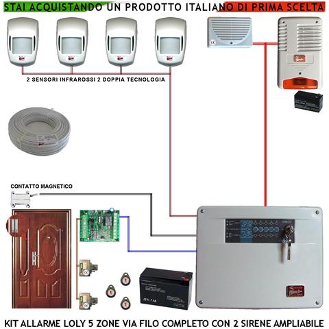 Kit Impianto Antifurto Loly 5 Zone Sensori Di Movimento 2 Infrarossi E 2 Doppia Tecnologia Contatto Magnetico Sirena I - Foto 1
