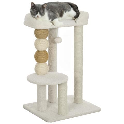 Torre per Gatti con Lettino, Piattaforma e Pallina Giocattolo, in Legno, Peluche e Iuta, 48.5x40x76 cm, Beige - Foto 1