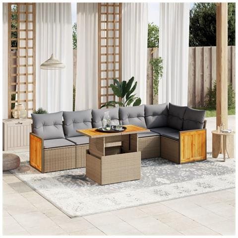 Set Divani Da Giardino 7 Pz Con Cuscini Beige In Polyrattan - Foto 1