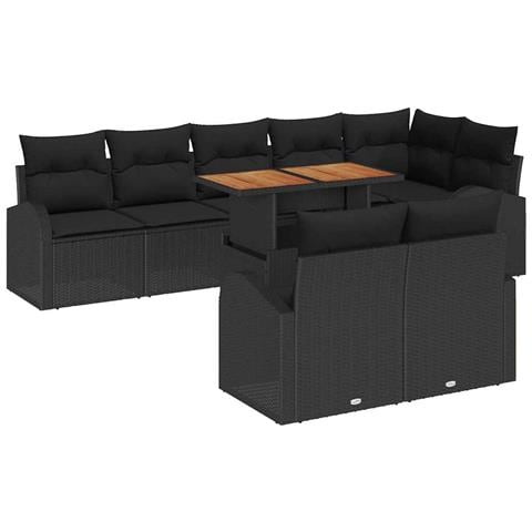 Set da Pranzo da Giardino di 9 Pezzi con Cuscini Nero Rattan Polietilene Acacia - Foto 1