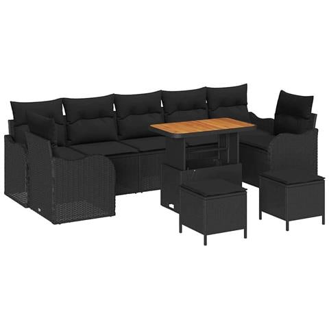 Set di Divano da Giardino  10 Pezzi con Cuscini Nero Polirattan Acacia, Divano da Giardino 2 Posti  con Ripostiglio e Cuscini Nero Polirattan, Set di Pranzo da Giardino 3 Pezzi  con Cuscini Nero Polirattan Acacia - Foto 1