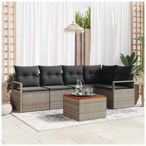 Set divani giardino  6 pezzi con cuscini grigi in polyrattan e acacia, Divano giardino  2 posti con spazio di stoccaggio e cuscini grigi in polyrattan - Foto 2