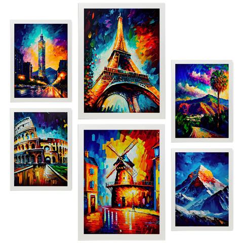 Set Di 6 Stampe Svettanti Illustrazioni In Stile Pittura A Olio Di Monumenti E Città In Stile Fotografico A Colori A3 & A4 Cornice Bianca - Foto 1