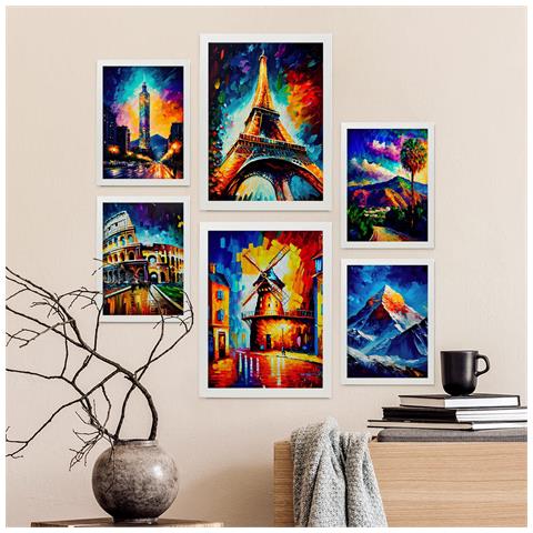 Set Di 6 Stampe Svettanti Illustrazioni In Stile Pittura A Olio Di Monumenti E Città In Stile Fotografico A Colori A3 & A4 Cornice Bianca - Foto 5