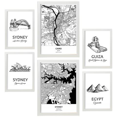 Set Di 6 Stampe Dall'egitto E Dalla Collezione Sidney Di Pannelli Con Collage Estetico Per La Decorazione D'interni A3 & A4 Cornice Bianca - Foto 1