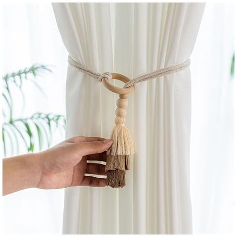 Set Di 2 Fermatenda Bohemien Con Anello In Legno, Corda Di Cotone E Nappa - Fermatenda Regolabili Per Finestre - Foto 2