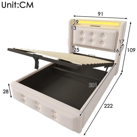 Letto Singolo In Cotone-lino Beige Con Bottoni E Ricarica Usb - Foto 2