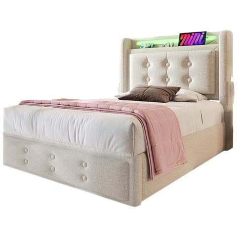 Letto Singolo In Cotone-lino Beige Con Bottoni E Ricarica Usb - Foto 1