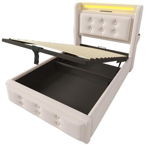 Letto Singolo In Cotone-lino Beige Con Bottoni E Ricarica Usb - Foto 3