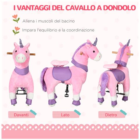 Cavallo A Dondolo Con Ruote A Forma Di Unicorno Per Bambini Da 3-6 Anni, 70x32x87cm, Rosa - Foto 2