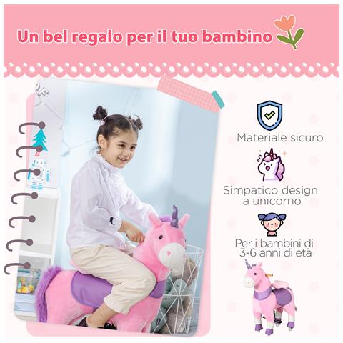 Cavallo A Dondolo Con Ruote A Forma Di Unicorno Per Bambini Da 3-6 Anni, 70x32x87cm, Rosa - Foto 6