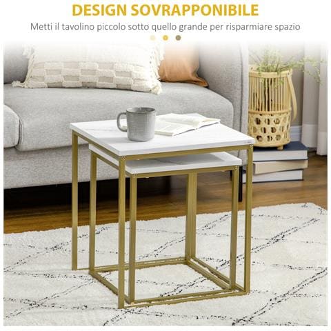 Tavolino Da Salotto Set 2 Pezzi Impilabile Con Piano In Truciolato E Struttura In Acciaio, Bianco E Oro - Foto 2