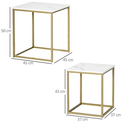 Tavolino Da Salotto Set 2 Pezzi Impilabile Con Piano In Truciolato E Struttura In Acciaio, Bianco E Oro - Foto 6