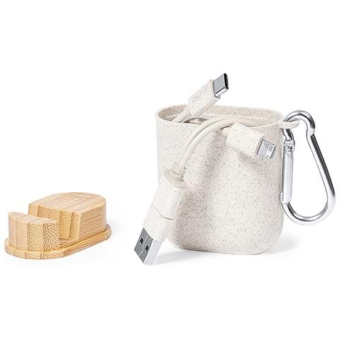 Cavo Caricatore Triplo Con Scatola In Canna Di Grano: Micro Usb, Tipo C E Lightning 5v Dc 2.4a 5.7x6.4x3.1 Cm. Beige - Foto 5