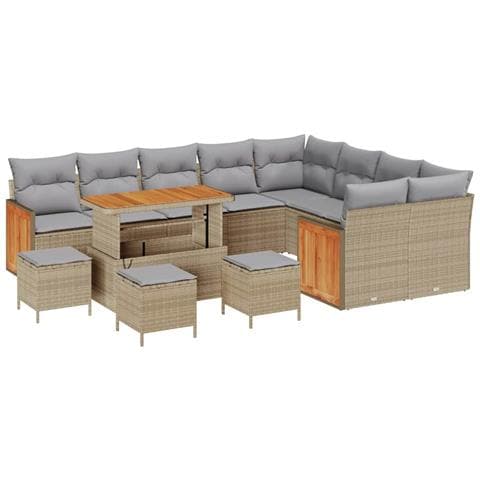 Set Divano da Giardino da 13 Pezzi con Cuscini Beige in Polyrattan Acacia, Set da Pranzo da Giardino da 4 Pezzi con Cuscini Beige in Polyrattan Acacia - Foto 1