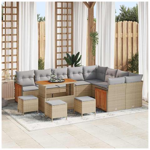 Set Divano da Giardino da 13 Pezzi con Cuscini Beige in Polyrattan Acacia, Set da Pranzo da Giardino da 4 Pezzi con Cuscini Beige in Polyrattan Acacia - Foto 2