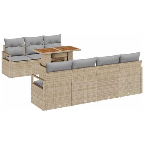 Set Divano Giardino 8 Pezzi con Cuscini Beige in Polyrattan e Acacia, Divano Giardino Due Posti con Cuscini Beige in Polyrattan - Foto 1