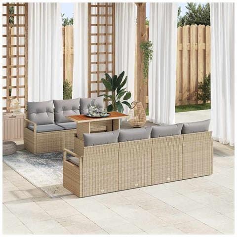 Set Divano Giardino 8 Pezzi con Cuscini Beige in Polyrattan e Acacia, Divano Giardino Due Posti con Cuscini Beige in Polyrattan - Foto 2