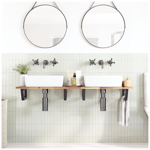 Ripiano A Parete Per Lavabo In Acciaio E Massello Di Acacia - Foto 2