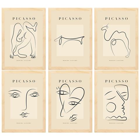 Set Di 6 Stampe Künstlerischen Illustrationen Von Pablo Picasso Liebe Sammlung Von Dekorationsgemälden Im Kunstgalerie Stil Rahmen Aus Hellem Holz A3 Telaio In Legno Chiaro - Foto 1