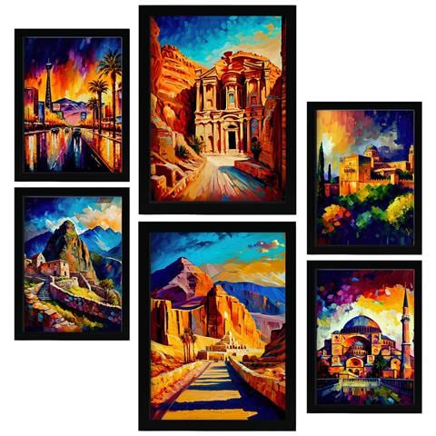 Set Di 6 Stampe Terra Dipinta A Olio. Illustrazioni Di Monumenti E Città In Stile Fotografico A Colori. A3 & A4 Cornice Nera - Foto 1