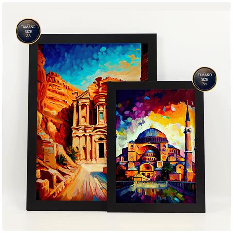 Set Di 6 Stampe Terra Dipinta A Olio. Illustrazioni Di Monumenti E Città In Stile Fotografico A Colori. A3 & A4 Cornice Nera - Foto 2