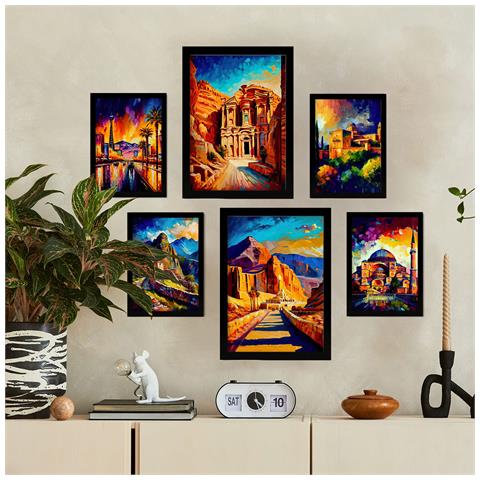 Set Di 6 Stampe Terra Dipinta A Olio. Illustrazioni Di Monumenti E Città In Stile Fotografico A Colori. A3 & A4 Cornice Nera - Foto 5