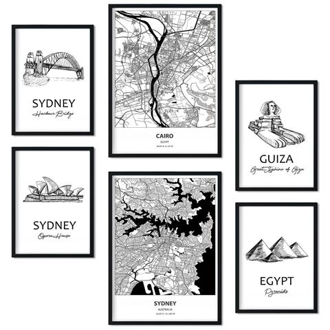 Set Di 6 Stampe Dall'egitto E Dalla Collezione Sidney Di Pannelli Con Collage Estetico Per La Decorazione D'interni A3 & A4 Senza Cornice - Foto 1