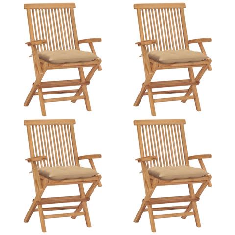 Sedie da Giardino con Cuscini Beige 4 pz Massello di Teak - Foto 1