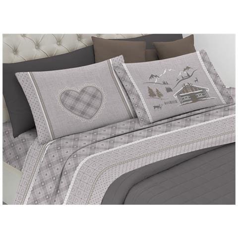 Completo Lenzuola Flanella Pensieri Delicati 100% Cotone Disegno Chalet Matrimoniale Beige - Foto 1