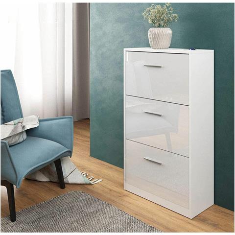 Scarpiera 3 Ante Ripiani Doppia Profondita In Legno 59x22x105 Cm Bianco Lucido - Foto 5